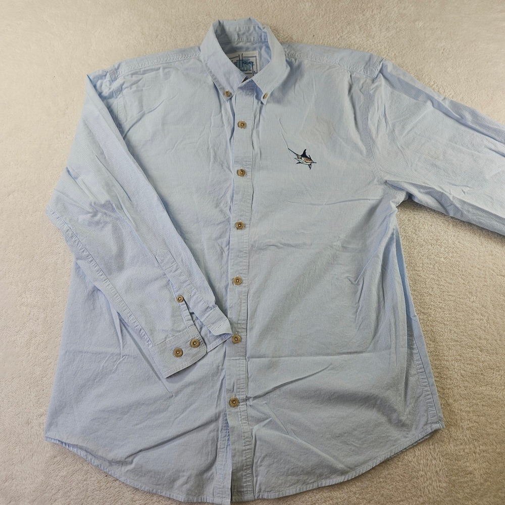 Guy Harvey Mens Blue Gingham Marlin Embroidery Button Down Shirt Large L Cotton